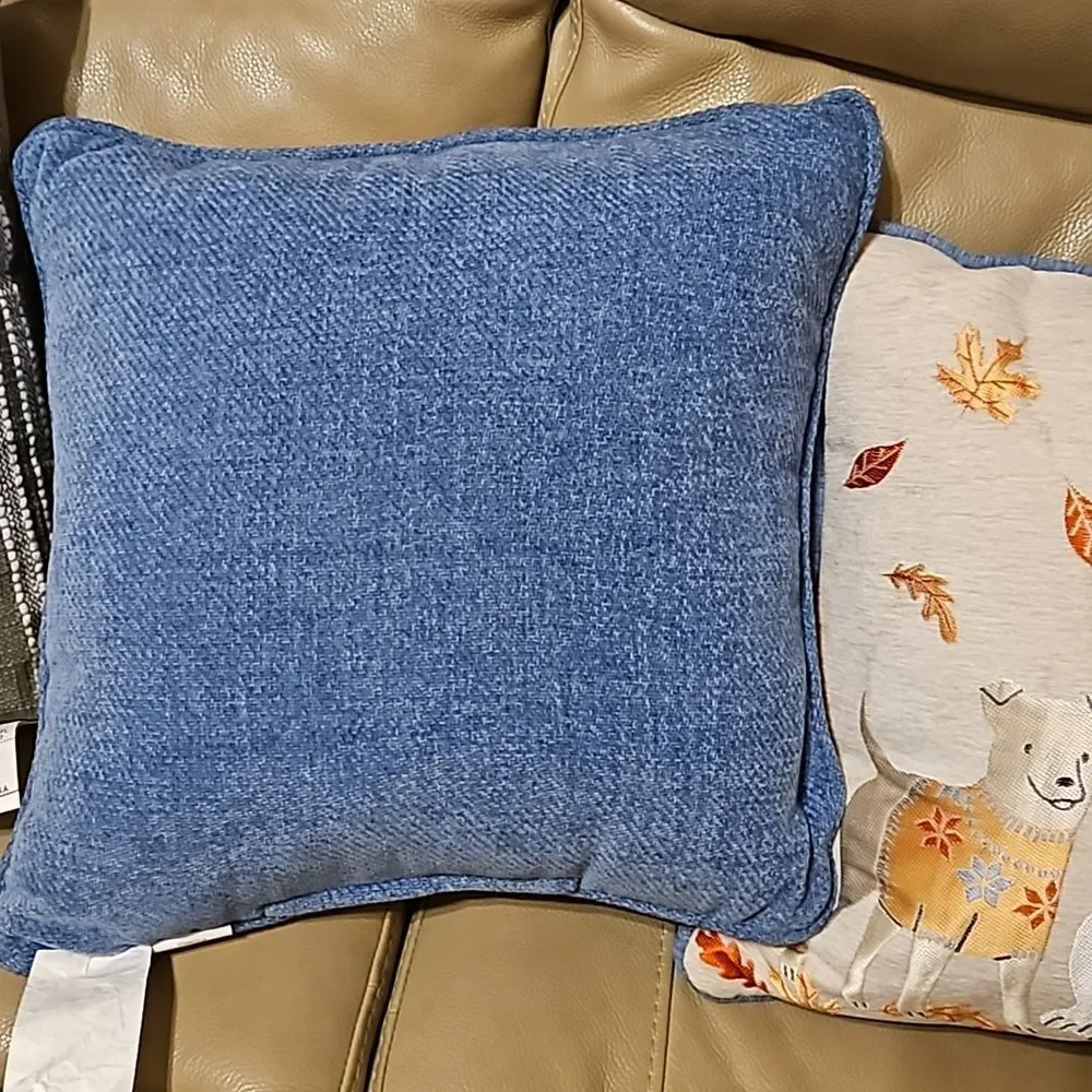 Fall Plaid Decor Throw Pillow Reversible Orange, Blue & Cream NWT